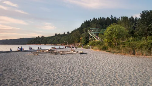 Sandy beach with driftwood at the park's western edge