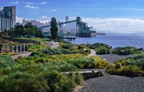 A view of the park landscape, with the automated Terminal 86 grain facility visible in the distance