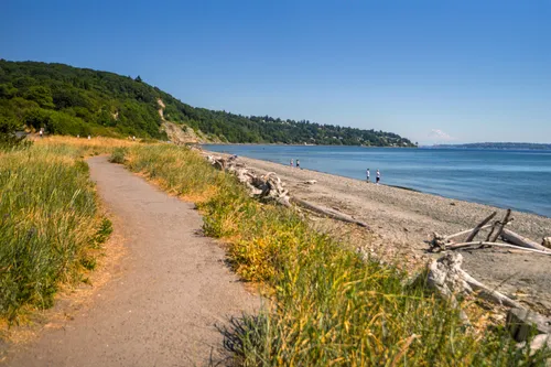 A walking path runs alongside the beach shoreline