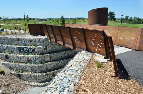 Terraced rocks with a metal bridge
