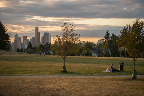 Open lawn area with distant Seattle skyline visible on the horizon
