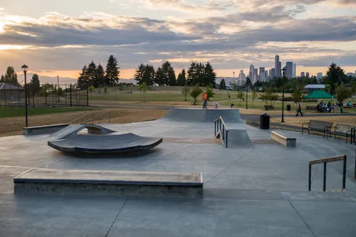 The skatepark with an impressive Seattle backdrop