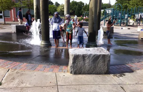 Children enjoying the interactive water features at Miller Park's spraypark