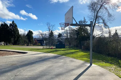 Basketball hoop in the park under clear blue skies