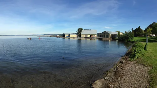A view of the park's waterfront and small bay