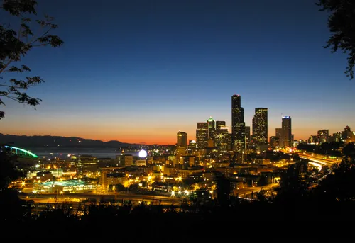 A northwest view of Seattle's illuminated skyline from the park