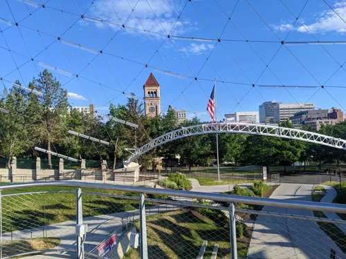 View of the park grounds from underneath the United States Pavilion