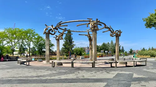 The Rotary Fountain's columned plaza creates a striking gathering space