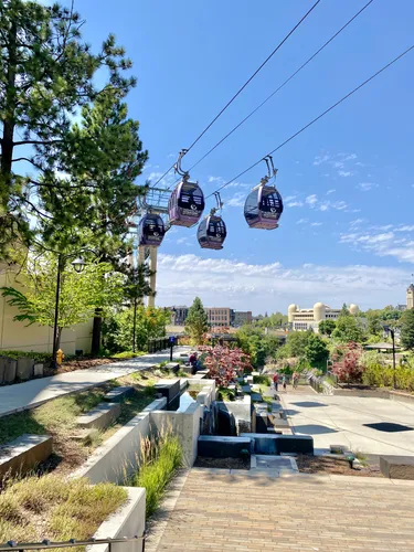 Numerica SkyRide gondolas travel above the scenic riverside landscape