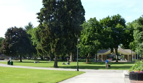 The grassy open area at the heart of the park on a sunny day