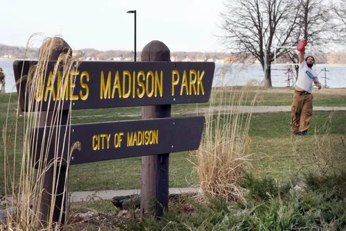 Wooden sign welcoming visitors to James Madison Park
