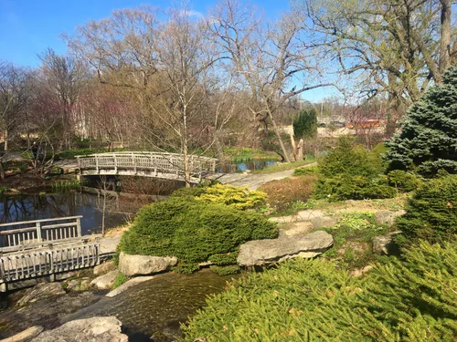 Curved footbridge spans a small stream in the garden